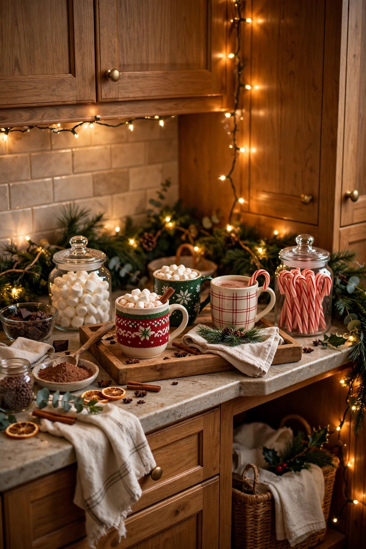 Christmas Kitchen Decor cozy hot cocoa station corner with mugs and marshmallows