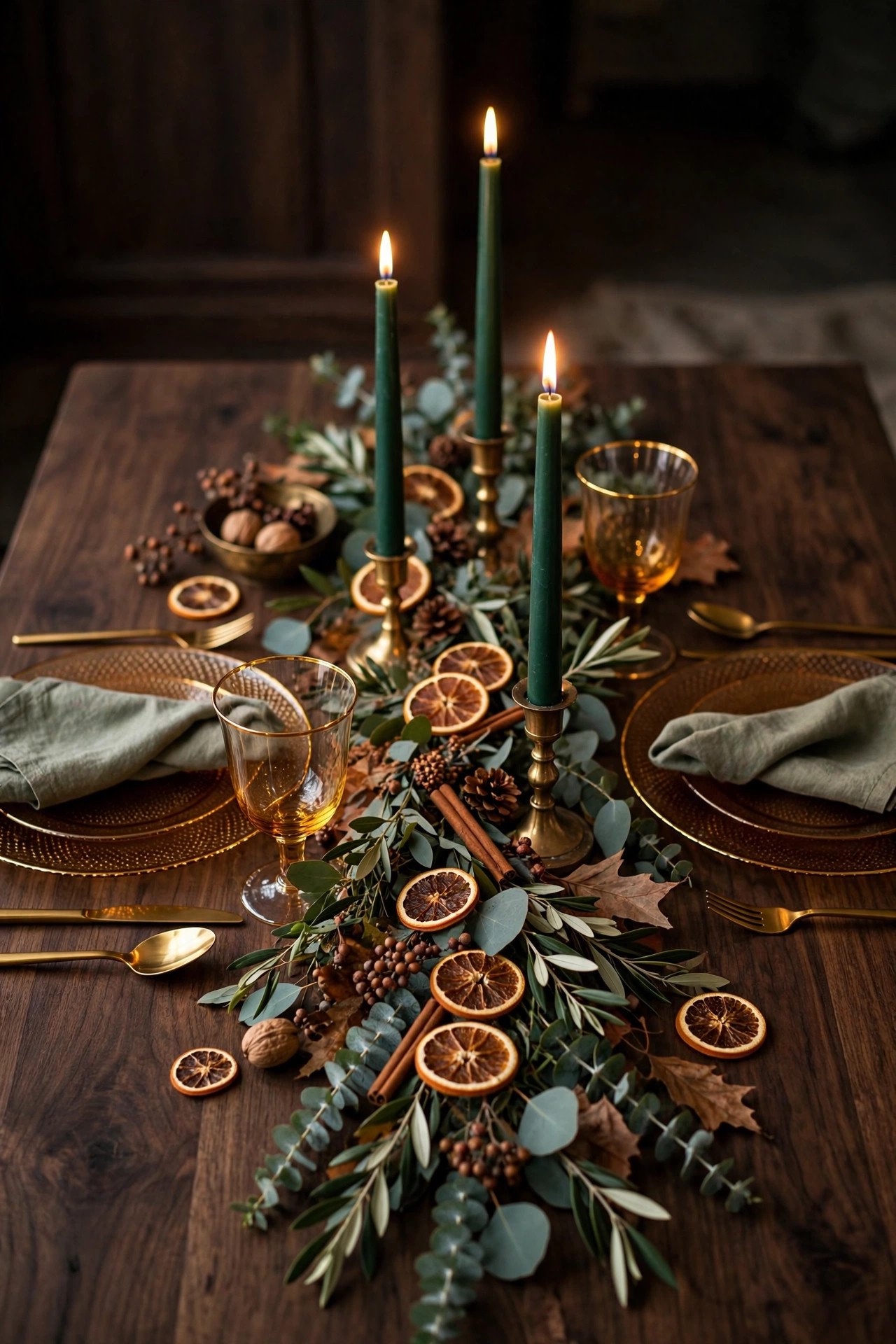 Elegant candlelit fall dinner table with green taper candles, brass candlesticks, dried orange slices and eucalyptus