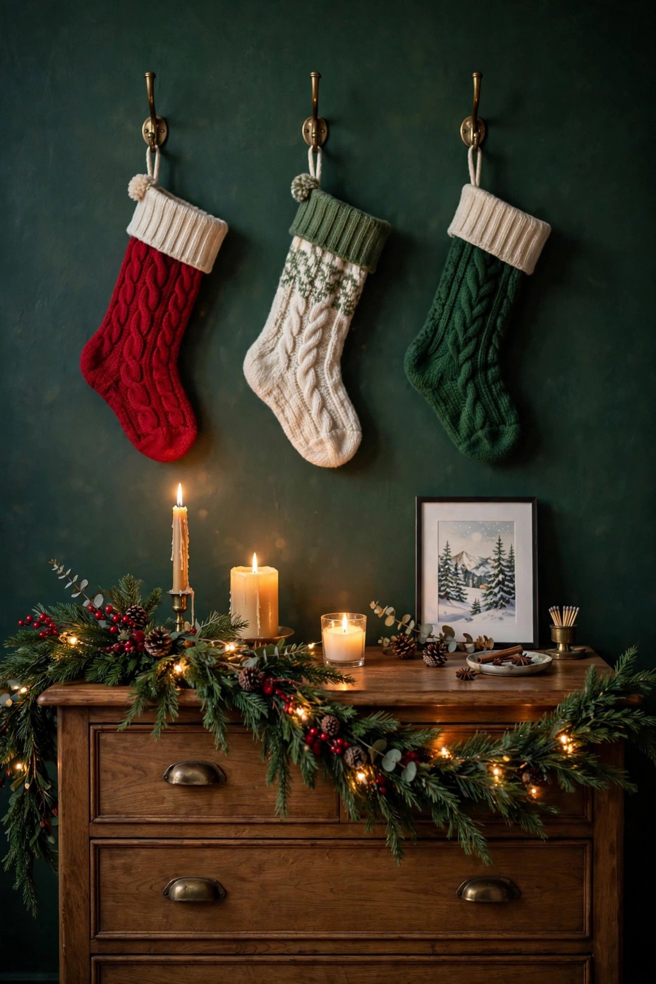 Christmas Bedroom Decor dresser vignette with garland, stockings and glowing candles