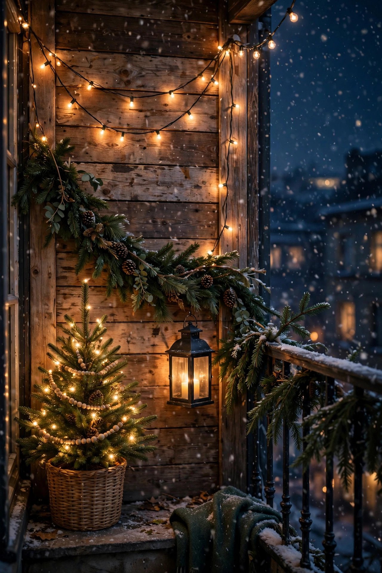 Cozy balcony decorated for Christmas with a small lit tree, string lights and evergreen garland for Christmas outdoor decor