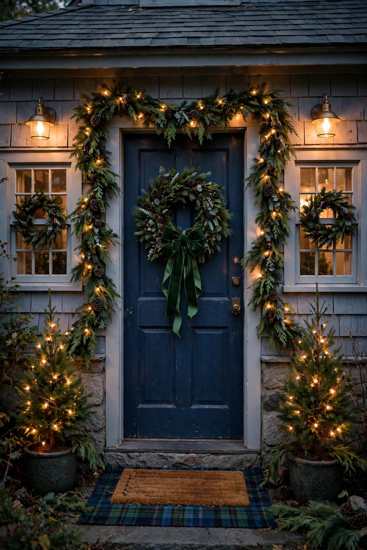 Navy blue front door with wreath on every window, doorway garland swag with fairy lights and layered festive doormats