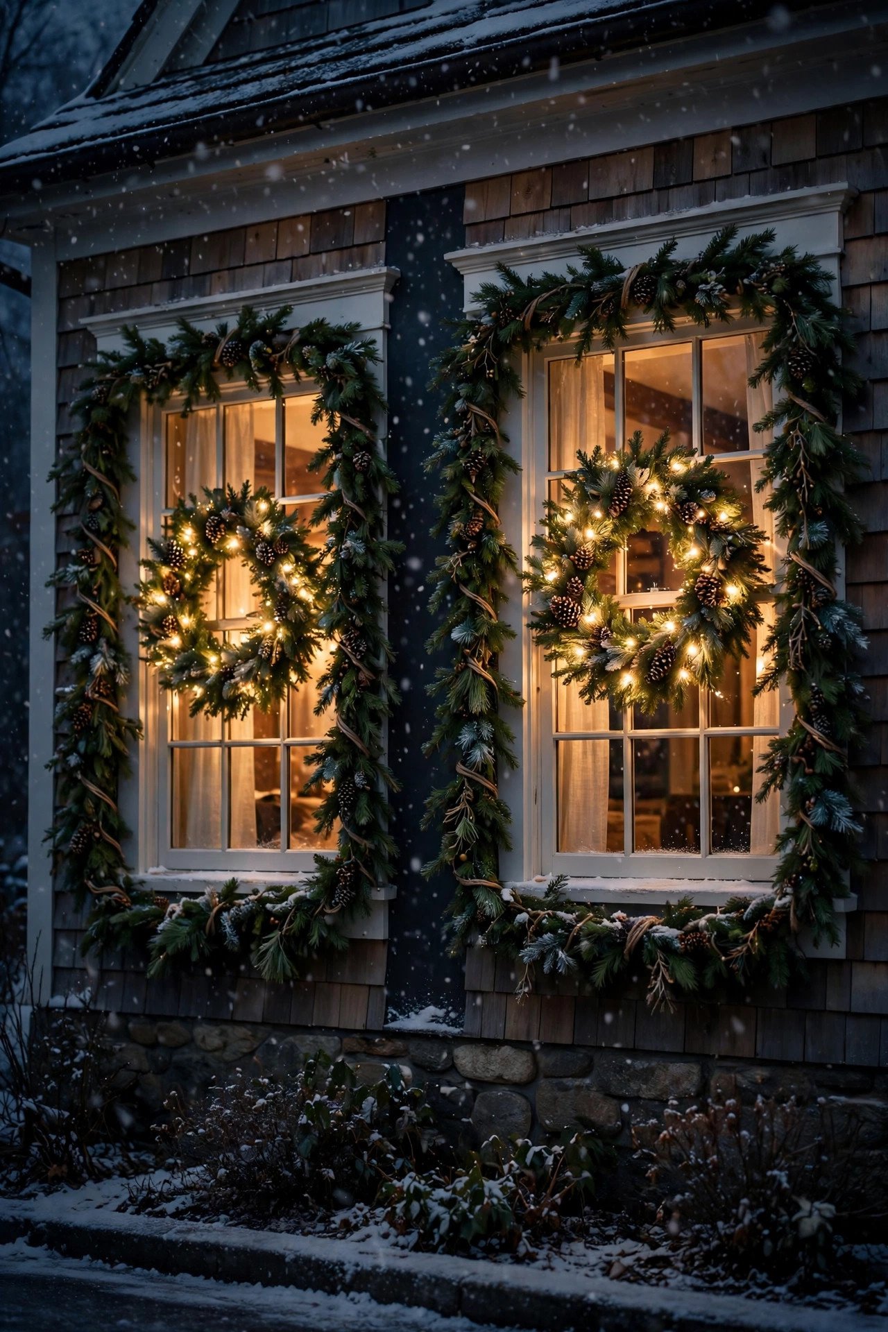 Cottage exterior at night with lit Christmas wreaths on every window
