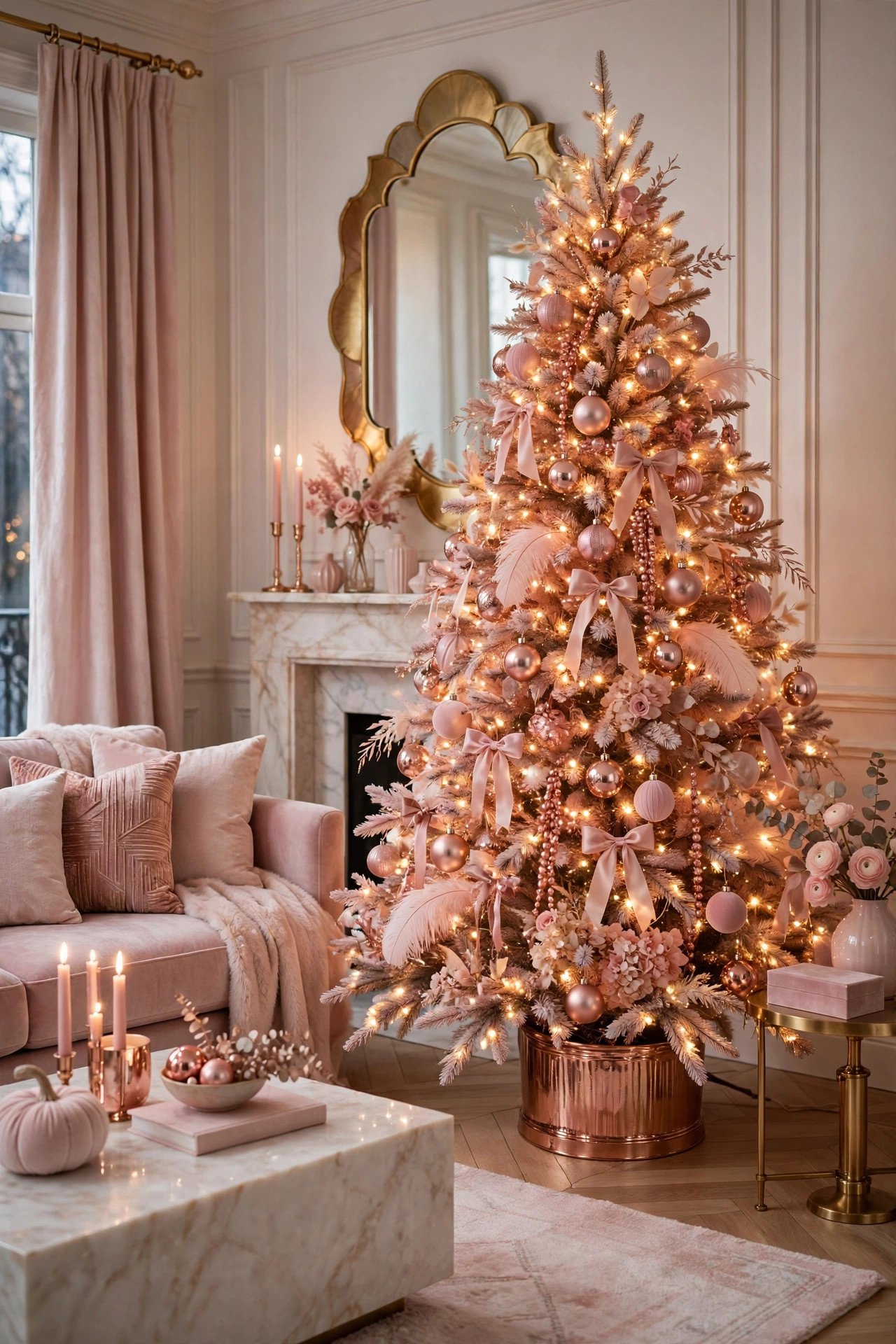 Rose gold and blush christmas tree decor ideas glowing with warm fairy lights in an elegant living room