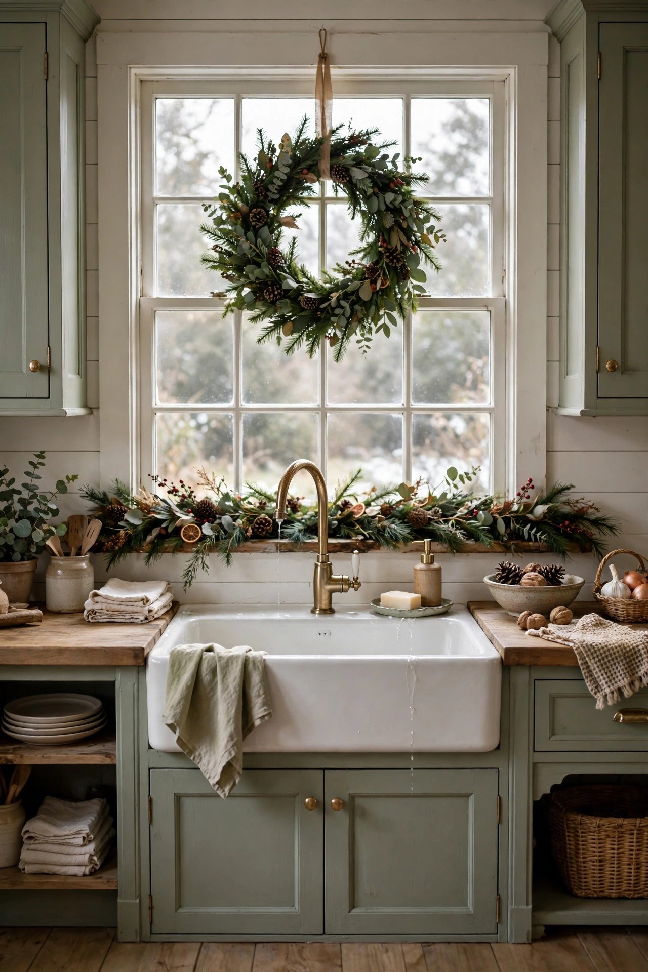Christmas Kitchen Decor farmhouse sink with wreath on window above