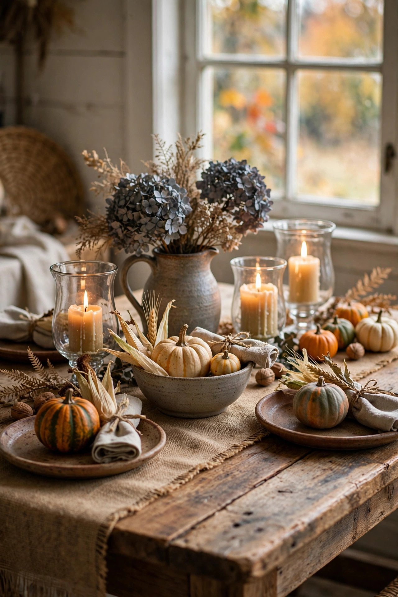 Harvest tablescape with burlap runner, stoneware dishes, dried hydrangeas in a pitcher and glowing candle hurricanes