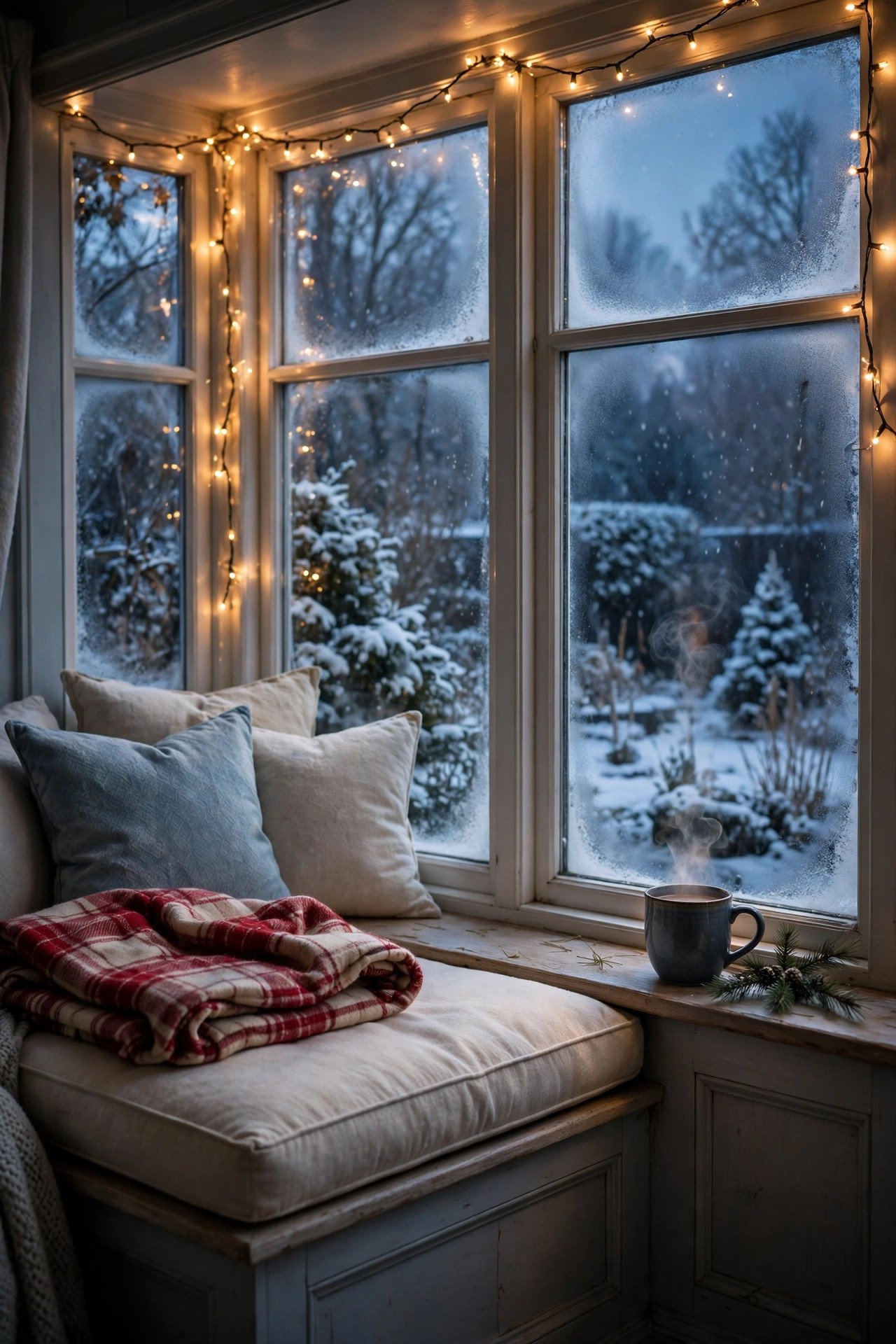 Christmas Bedroom Decor window seat nook with string lights, plaid blanket and snowy view