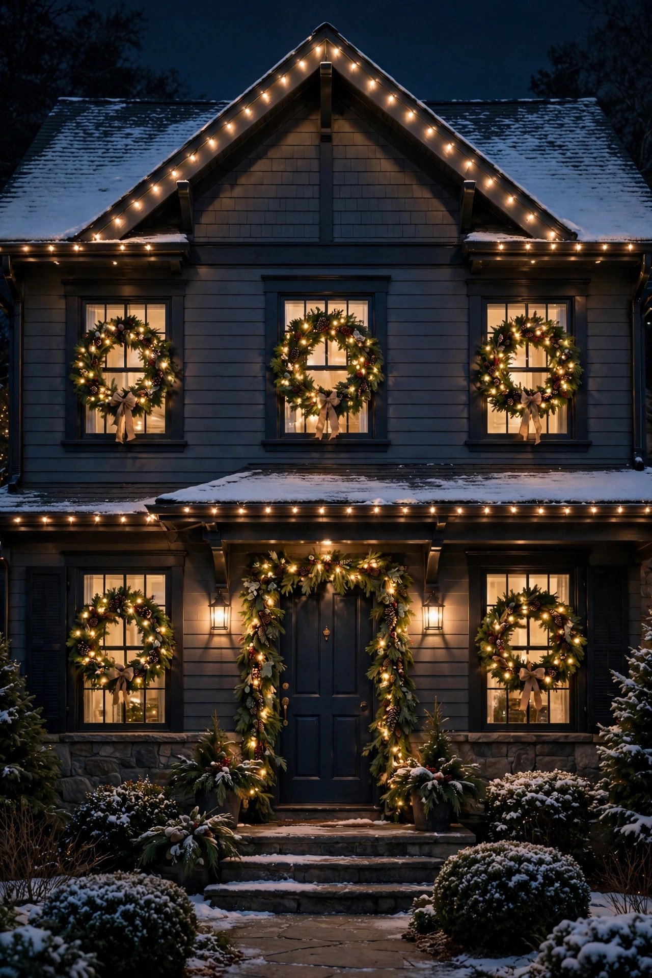 House facade at night with warm white roofline lights and lit wreaths on every window for Christmas outdoor decor