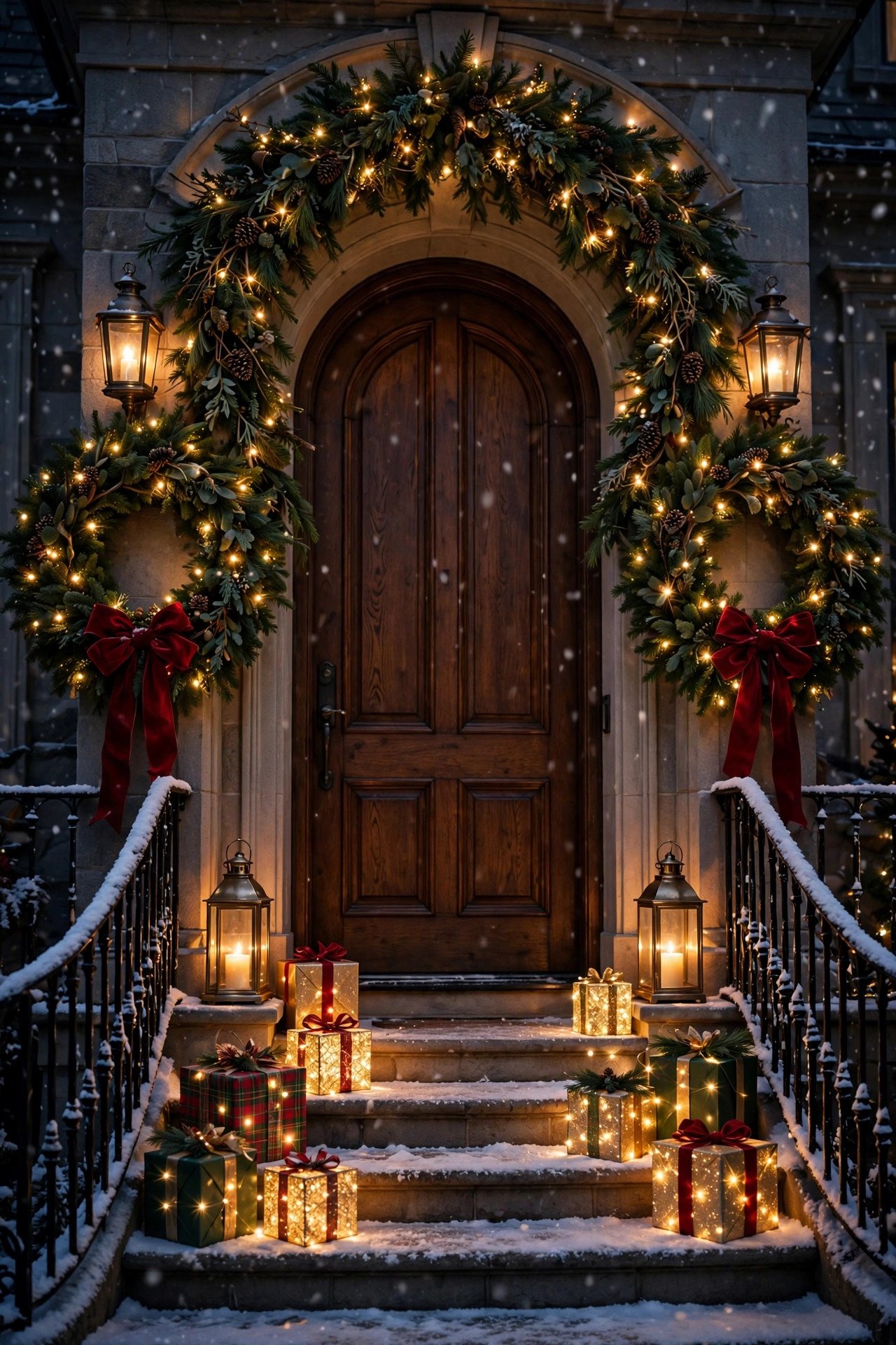 Grand arched wooden front door framed by garland swag with warm lights, twin lit wreaths with red velvet bows and glowing gift boxes in snow