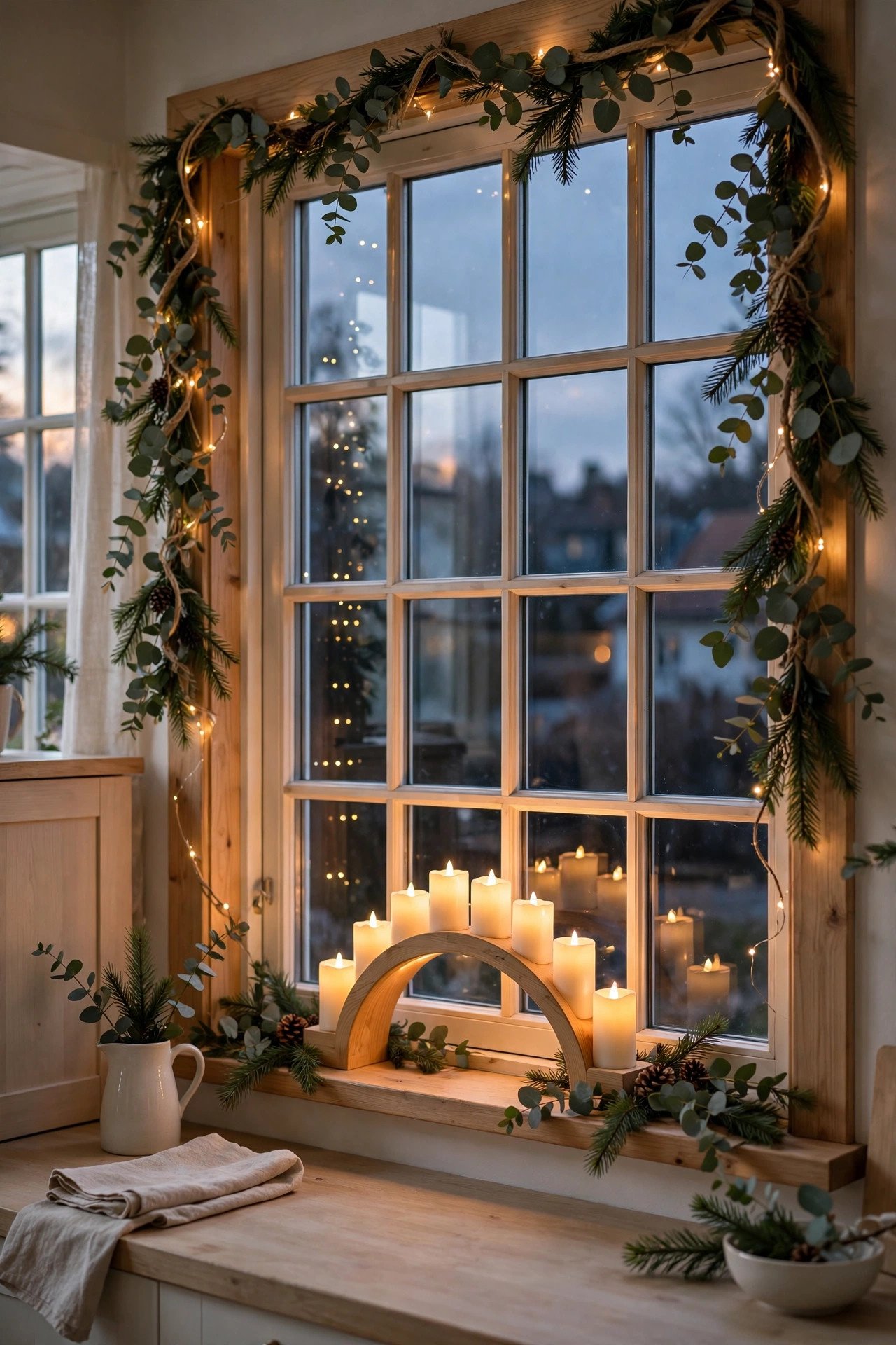Kitchen window Christmas decor with wooden candle arch and eucalyptus garland