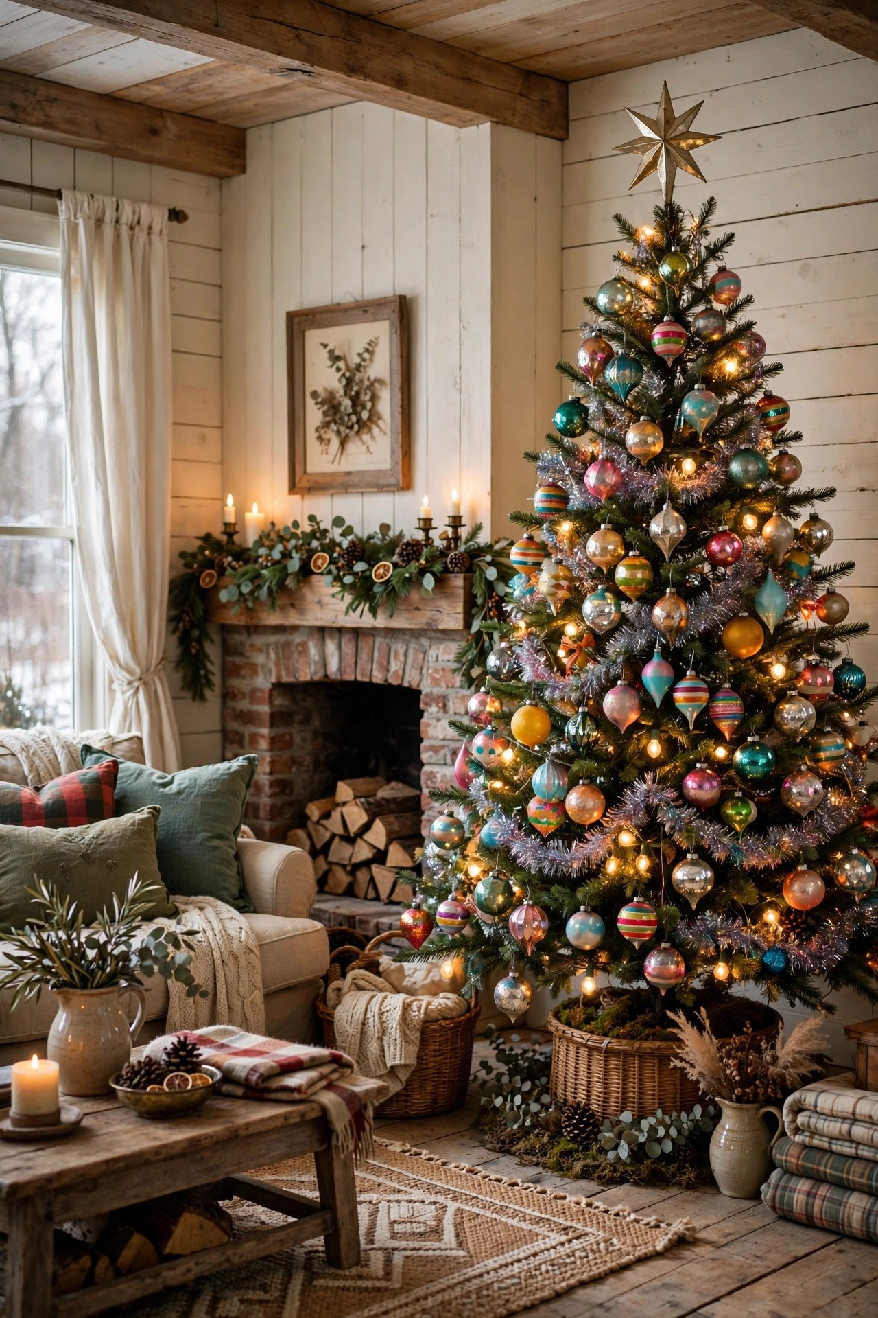 Vintage-style christmas tree decor ideas with colorful retro ornaments and tinsel in a farmhouse living room