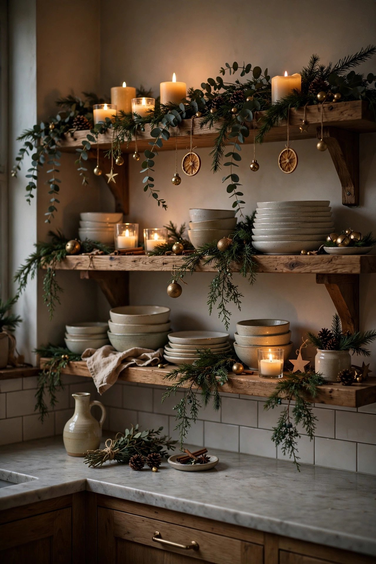 Christmas Kitchen Decor candlelit open shelving with greenery and ornaments