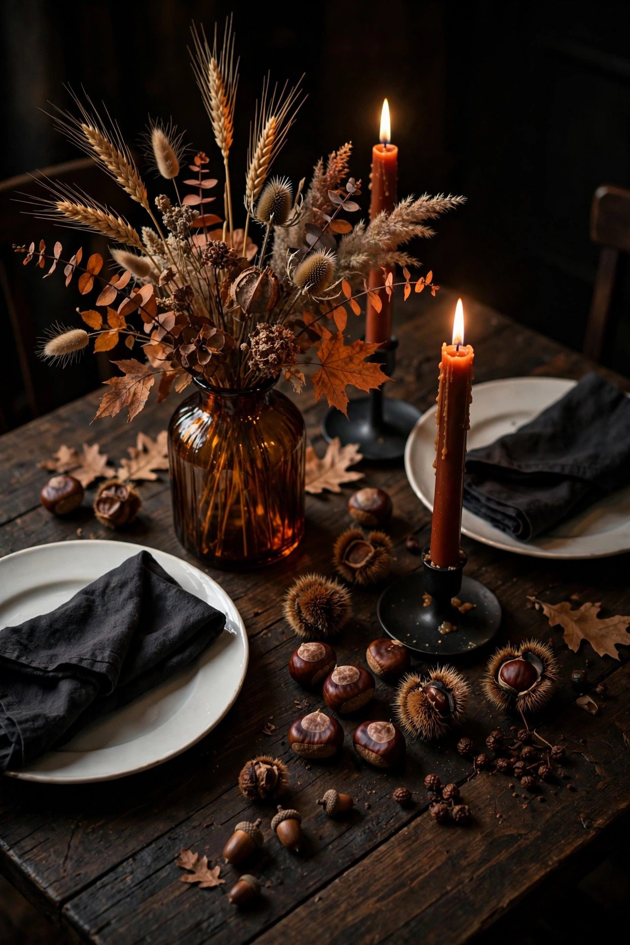 Moody autumn tablescape with amber vase of dried florals, chestnuts, acorns and dark taper candles on a wood table