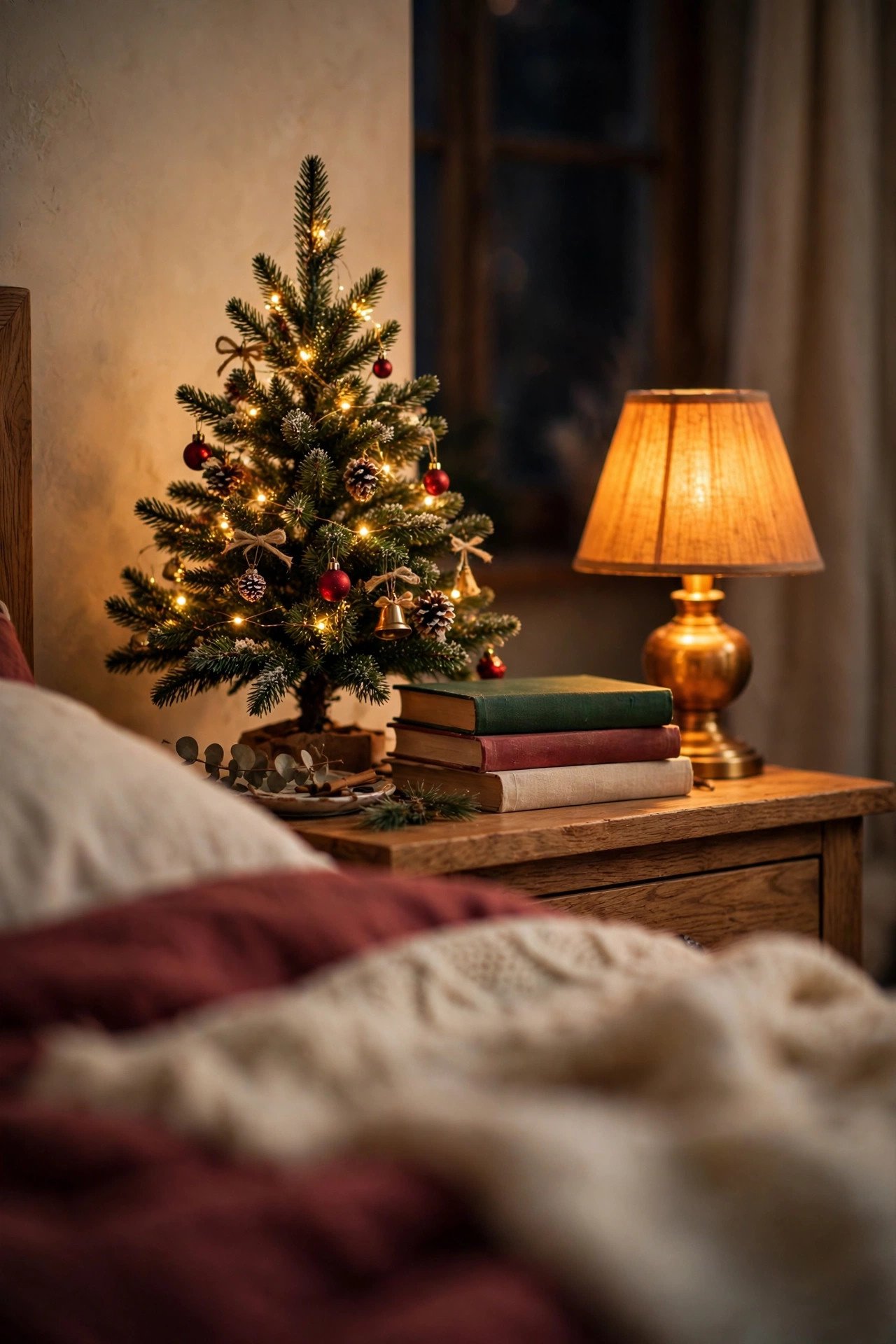 Christmas Bedroom Decor nightstand vignette with tabletop tree, warm lamp and festive bedding