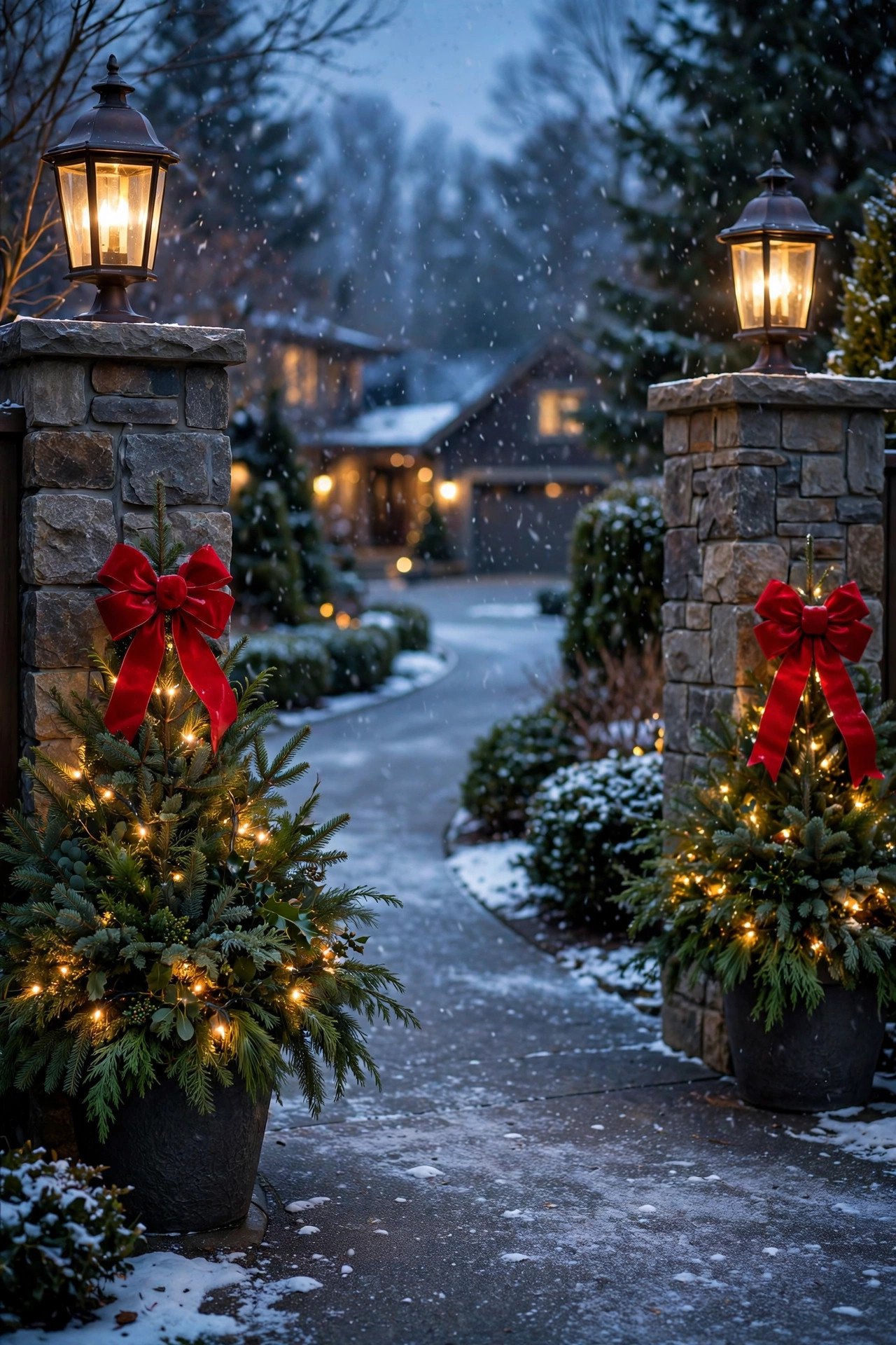 Driveway entrance at dusk with evergreen planters tied with red bows and glowing post lanterns for Christmas outdoor decor