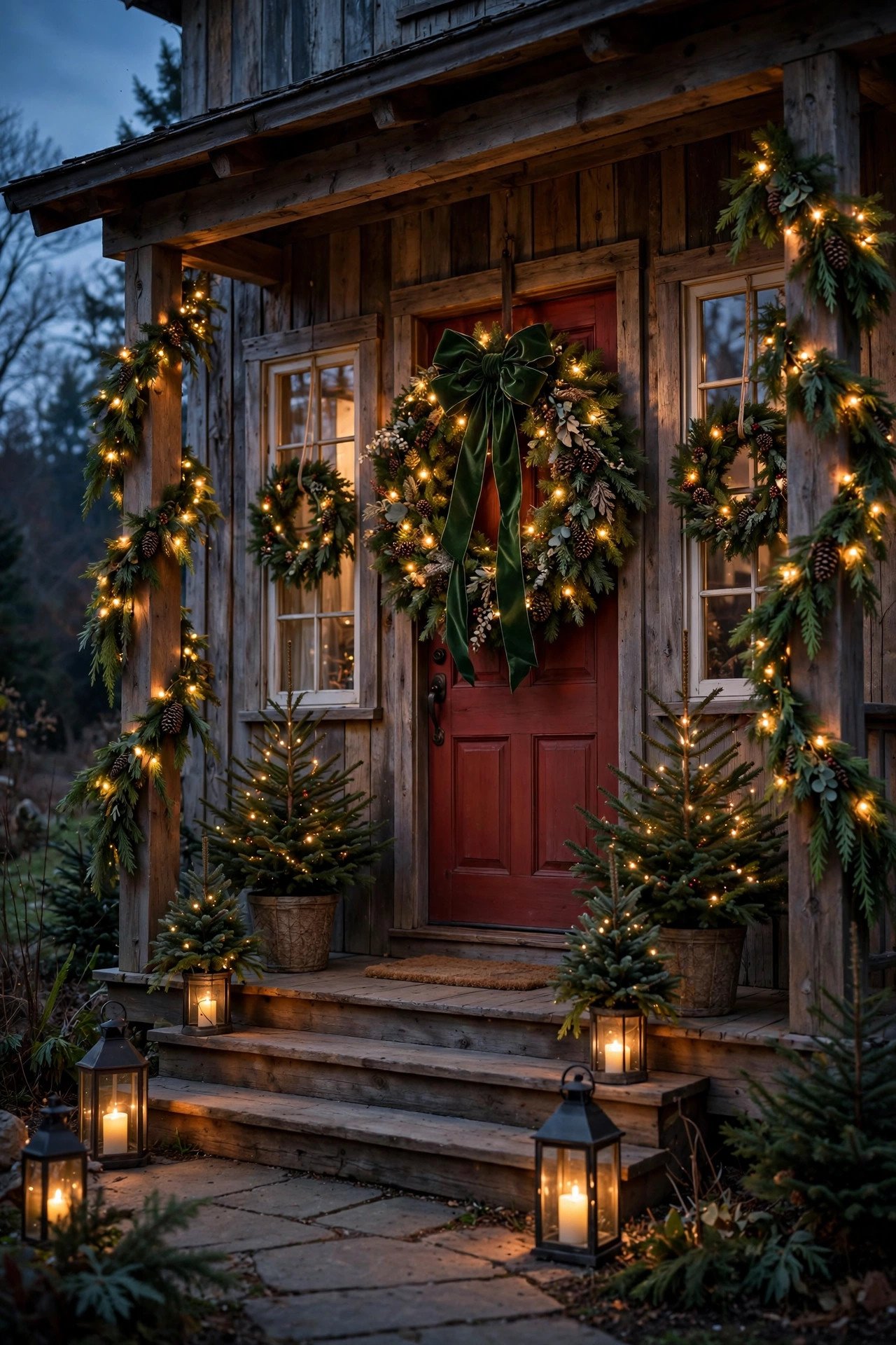 Rustic farmhouse red front door with oversized lit Christmas wreath and forest green velvet bow, garland posts and lantern-lined walkway