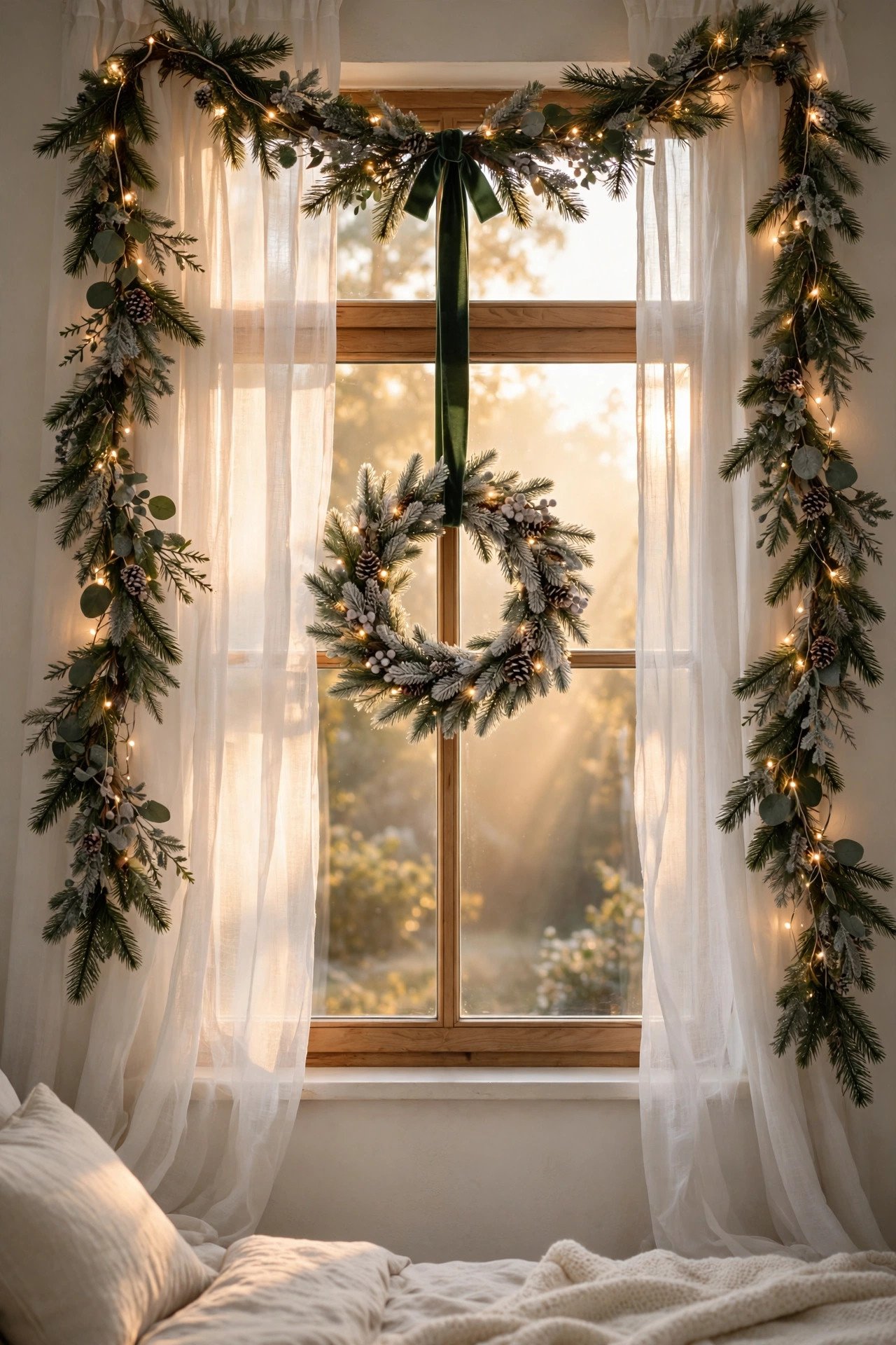 Bedroom window with garland, wreath and sheer curtains in morning light