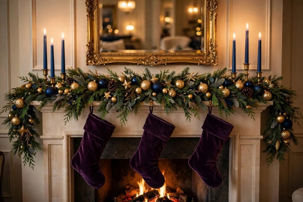 Sapphire Christmas mantel with candles