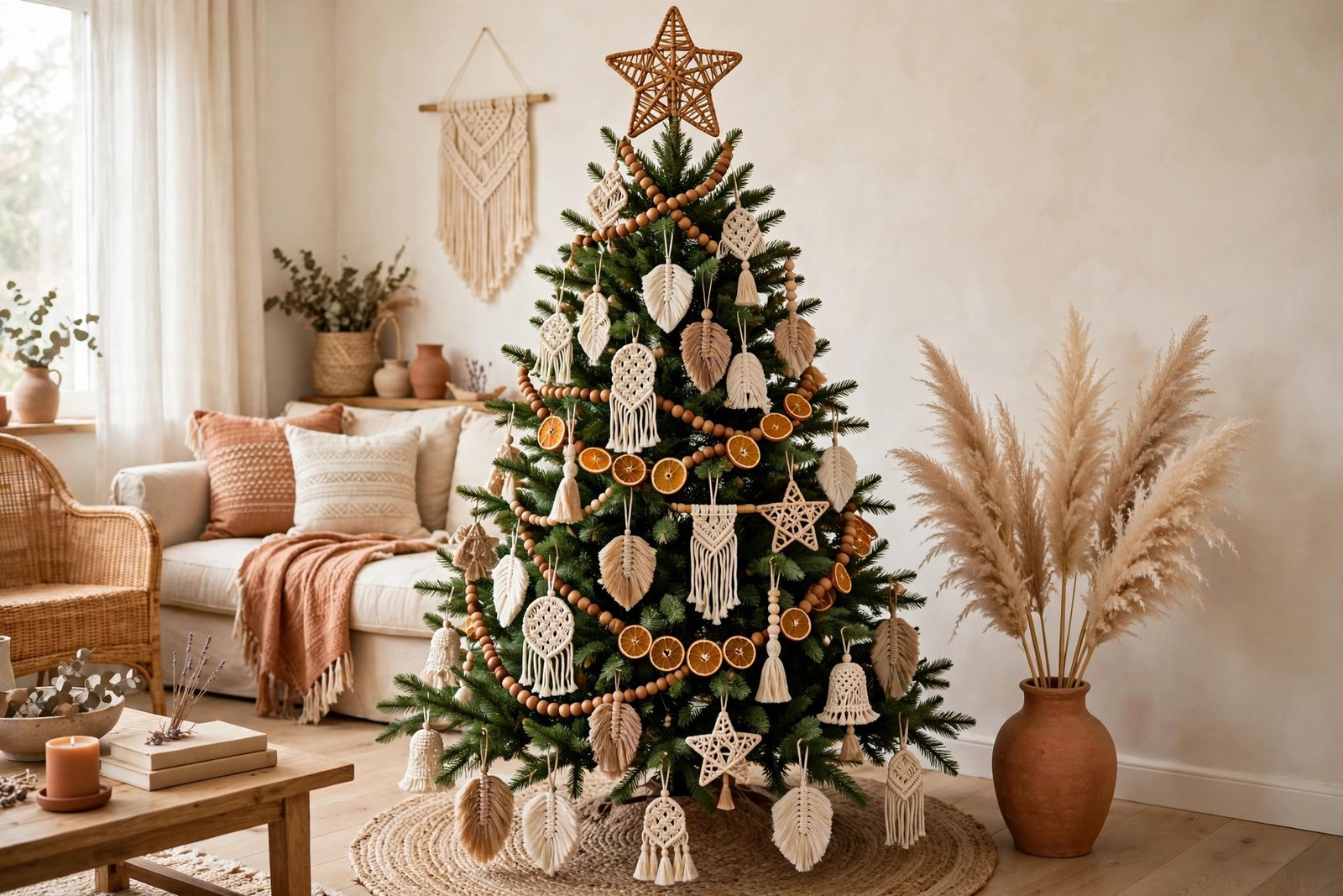 Boho Christmas tree decorated with macrame ornaments and a rattan star topper
