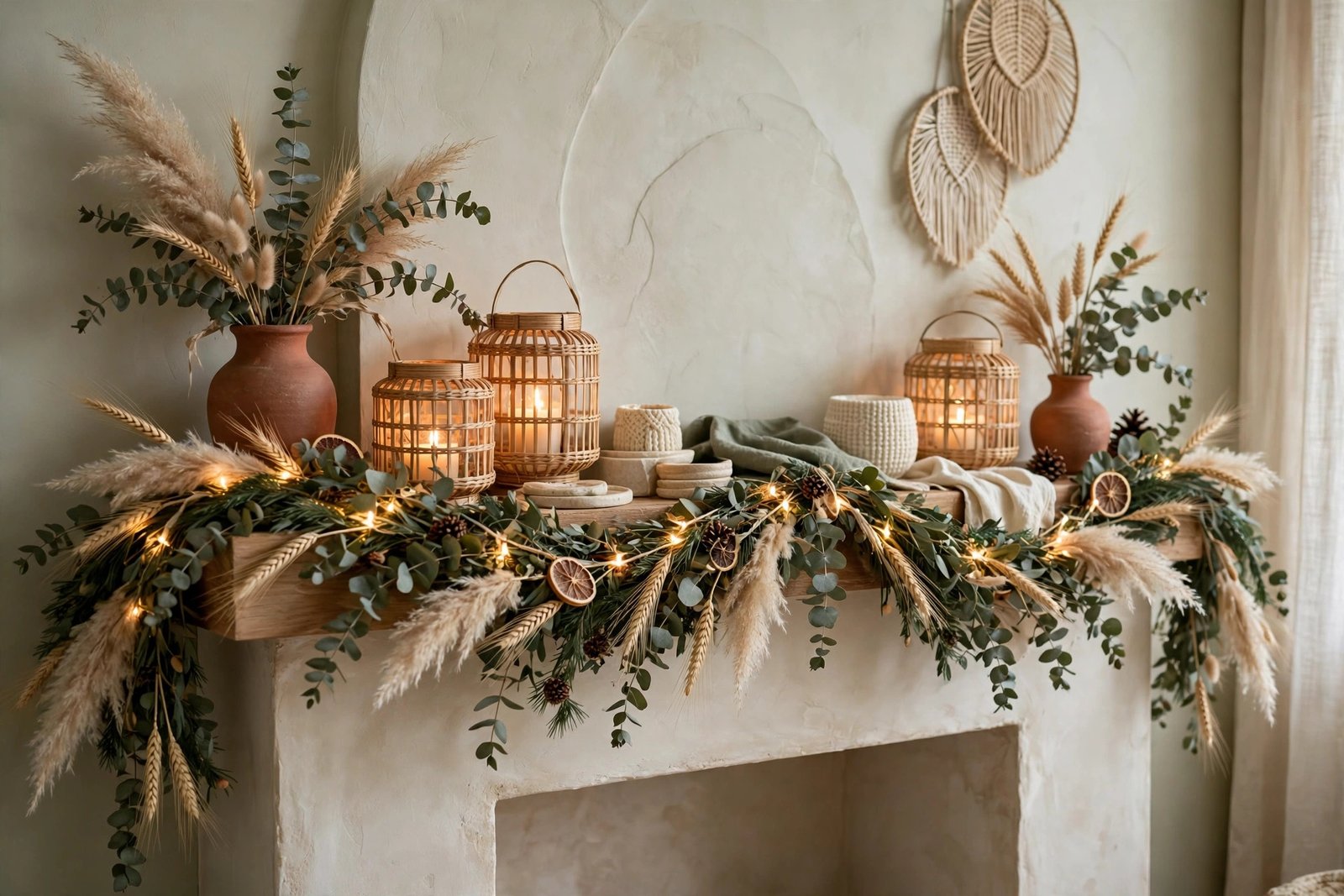 Fireplace mantel styled with a dried botanical garland, pampas grass and warm fairy lights