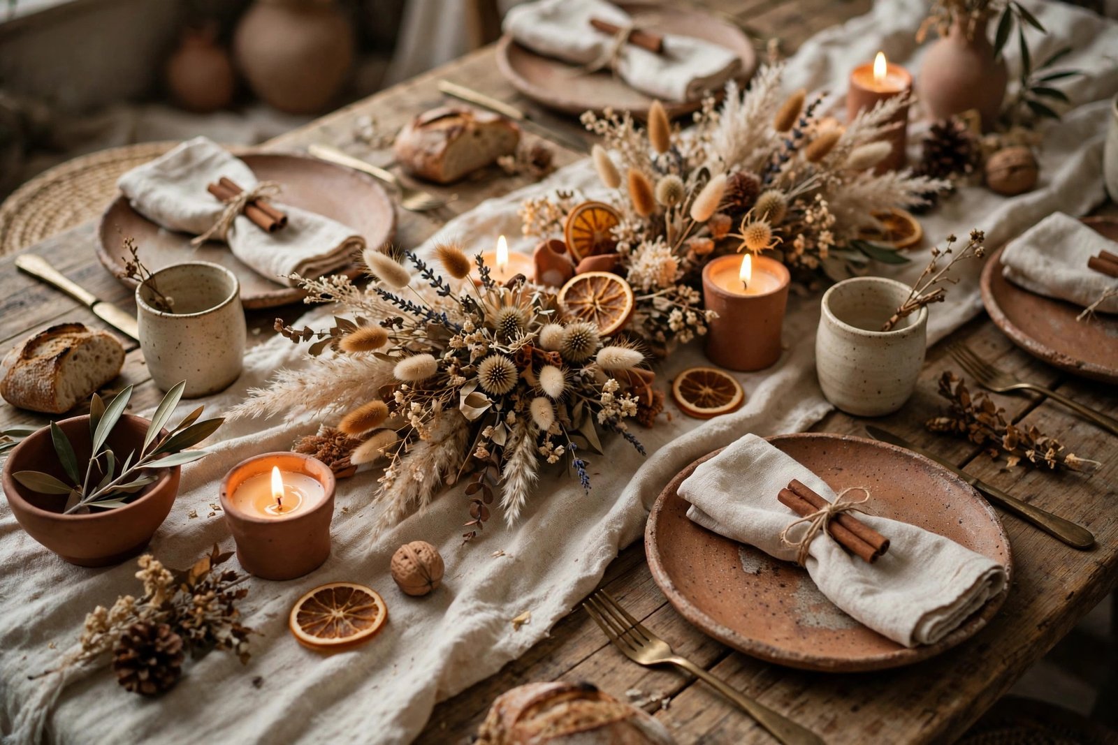 Boho holiday table setting with natural linen runner, handmade stoneware and dried flowers