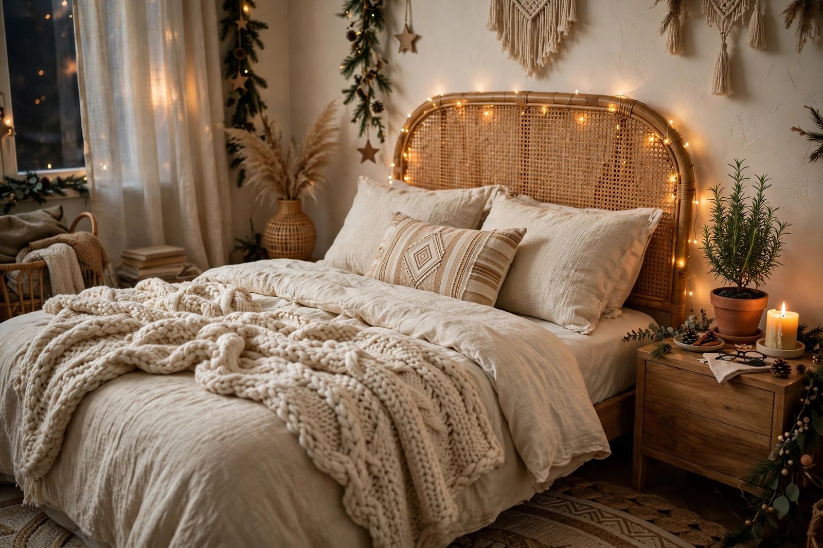 Cozy boho bedroom with fairy lights on the headboard and textured cream bedding