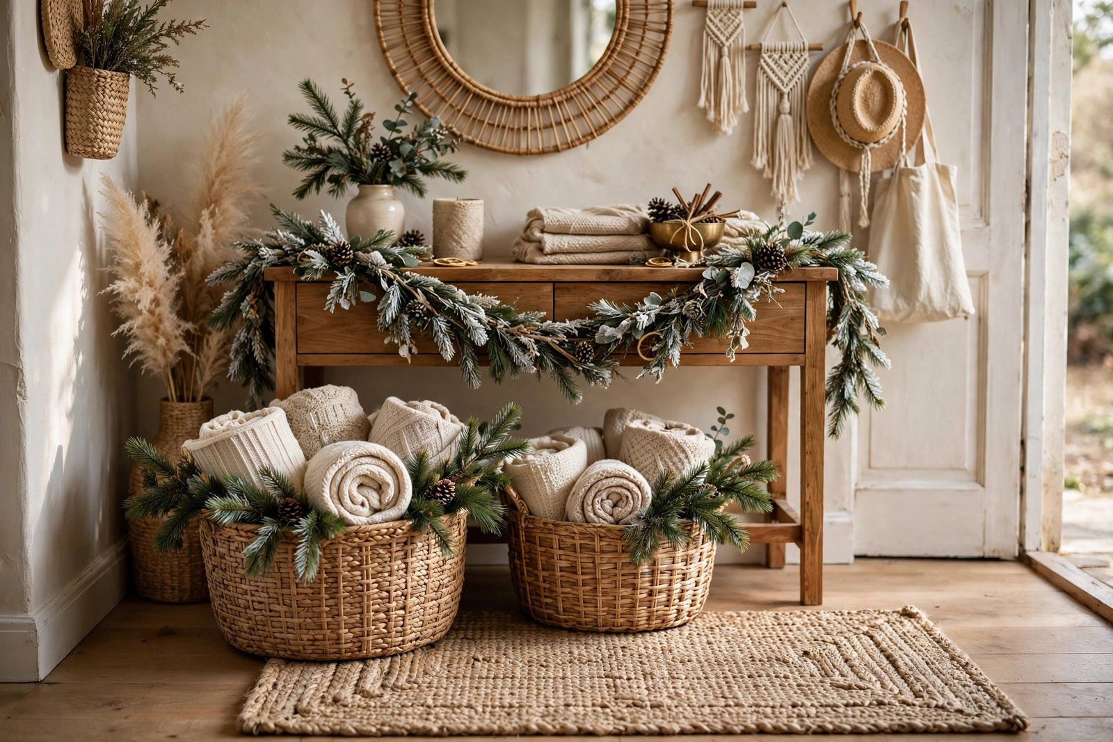 Entryway with woven baskets, rolled blankets and a flocked garland console