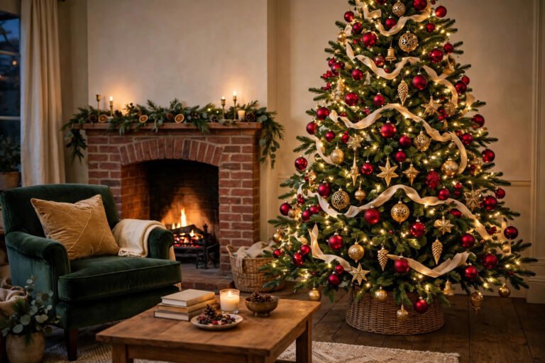 Classic red and gold Christmas tree in a cozy living room with fireplace