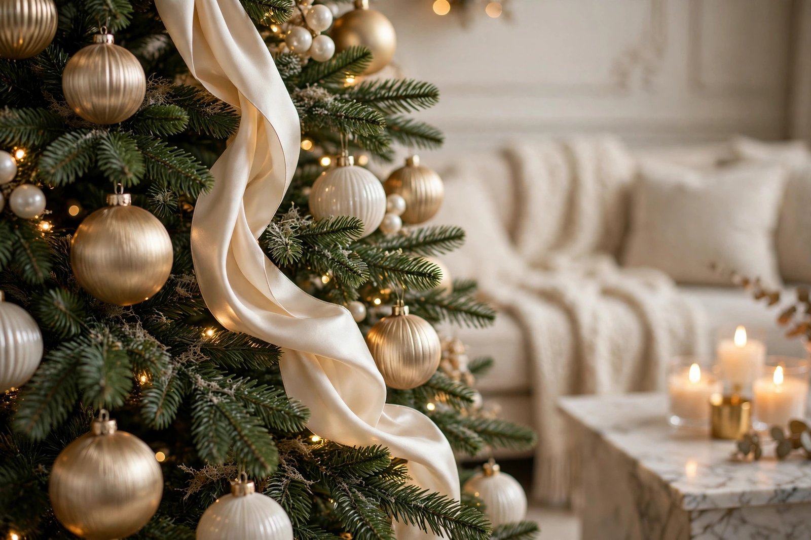 Champagne gold and ivory Christmas tree in an elegant living room