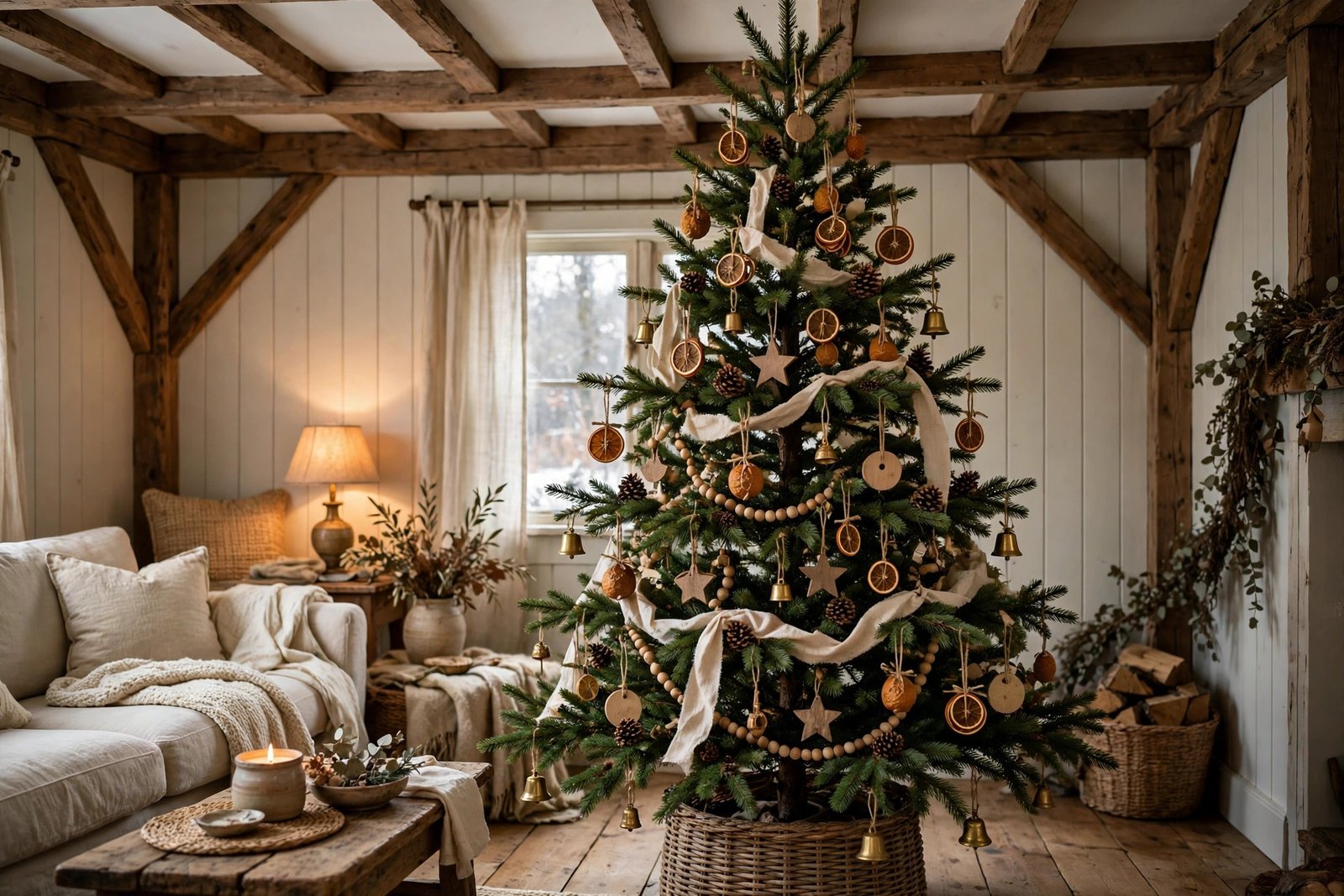 Rustic woodland Christmas tree with pinecones and dried orange slices