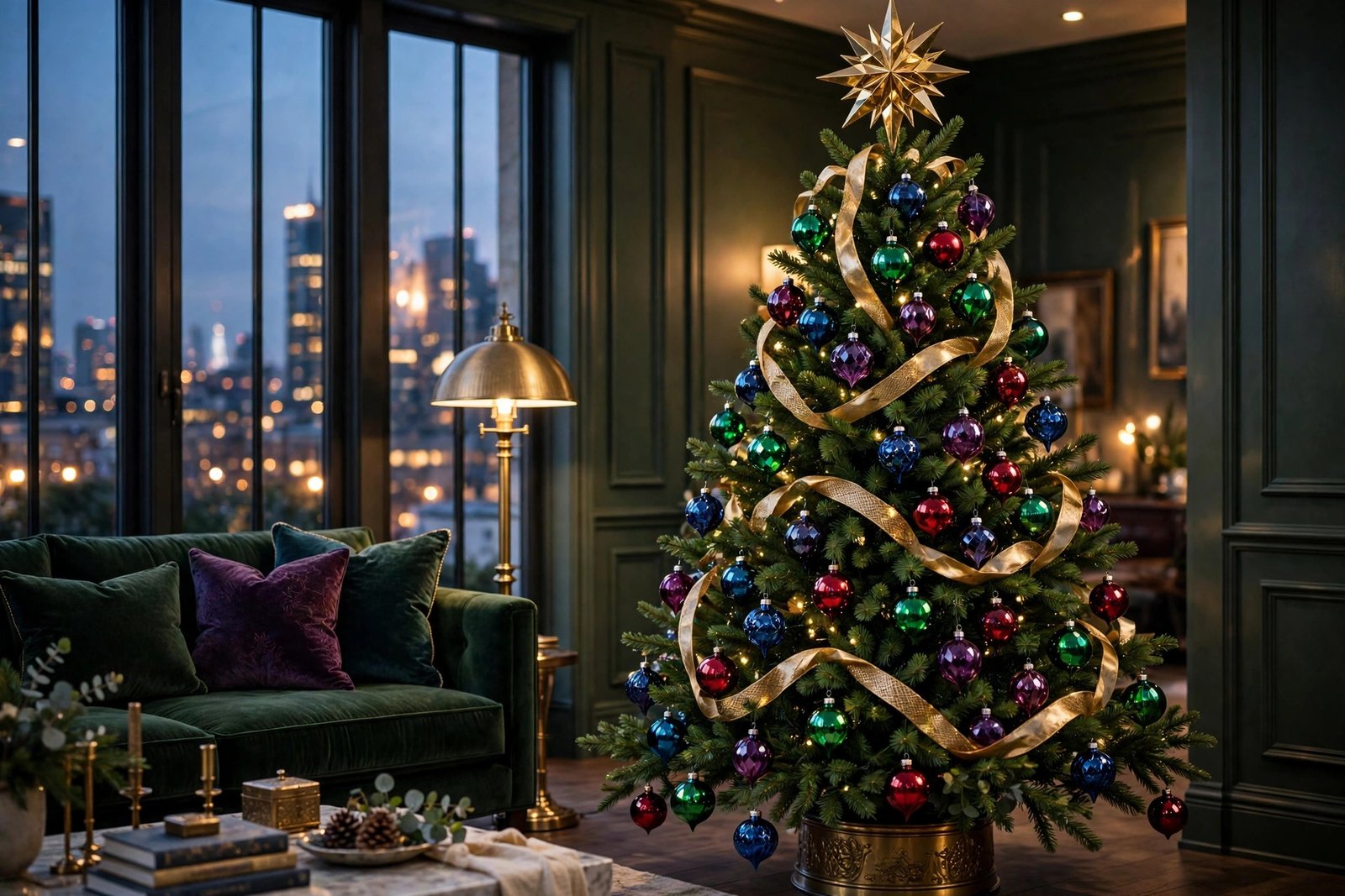 Glamorous jewel-tone Christmas tree with emerald and sapphire ornaments
