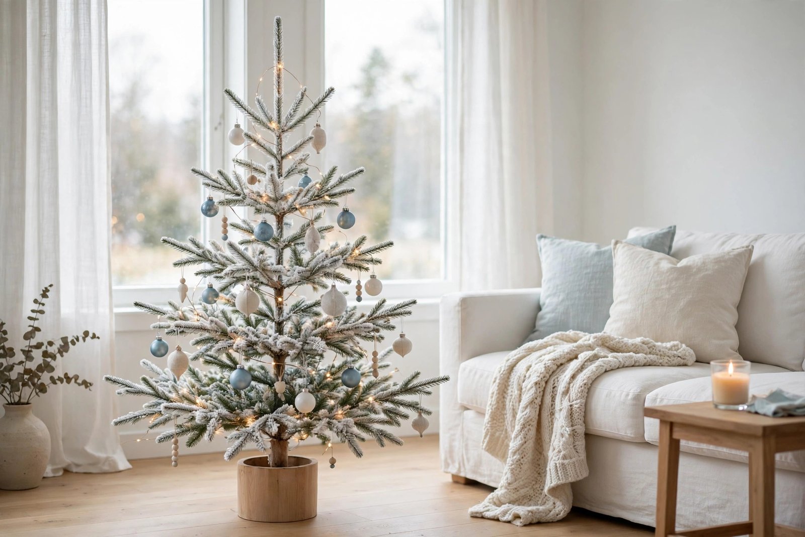 Minimalist Scandinavian Christmas tree in a bright airy living room