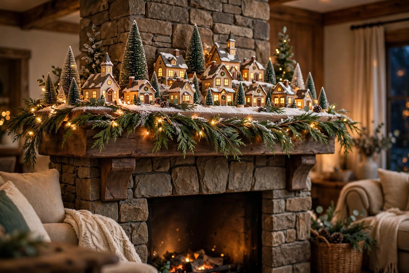 Grand fireplace mantel styled with a glowing miniature Christmas village, bottle-brush trees, faux snow and cedar garland