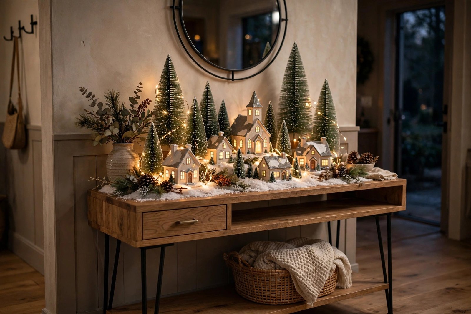Entryway console table with a Christmas village display and warm fairy lights
