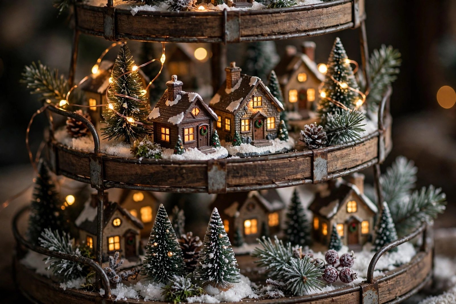 Close-up of a tiered tray miniature Christmas village with tiny houses and micro string lights