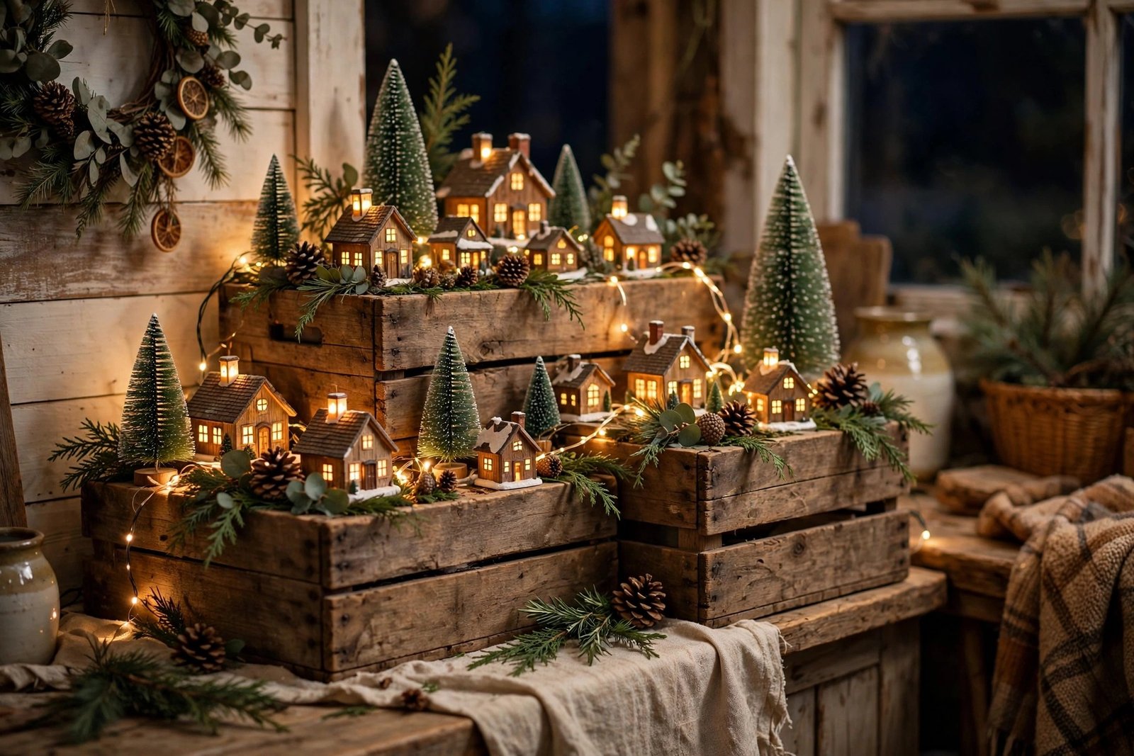 Farmhouse wooden crates stacked as a Christmas village display with pinecones and greenery