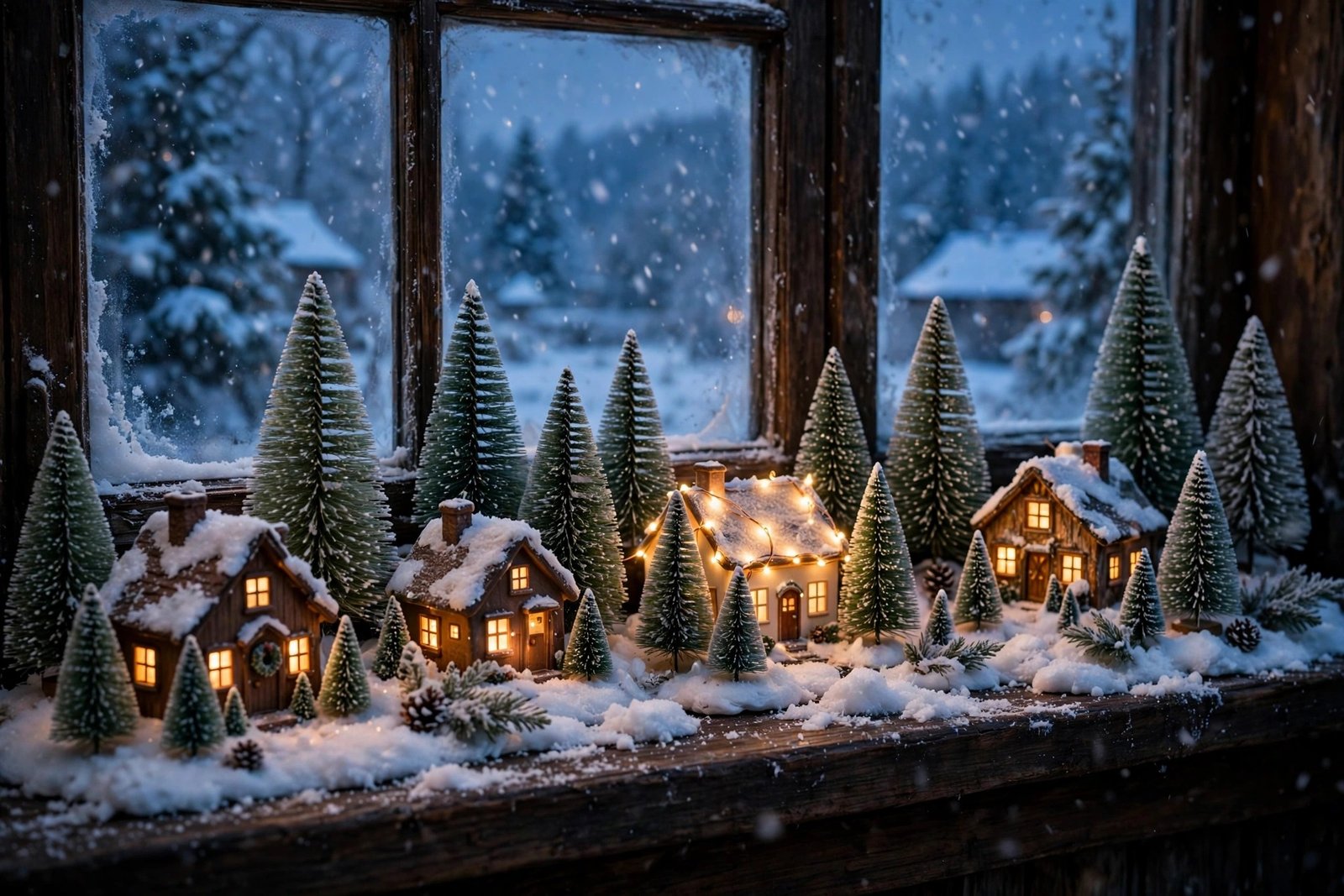 Christmas village on a deep windowsill at dusk, glowing warmly against a snowy window