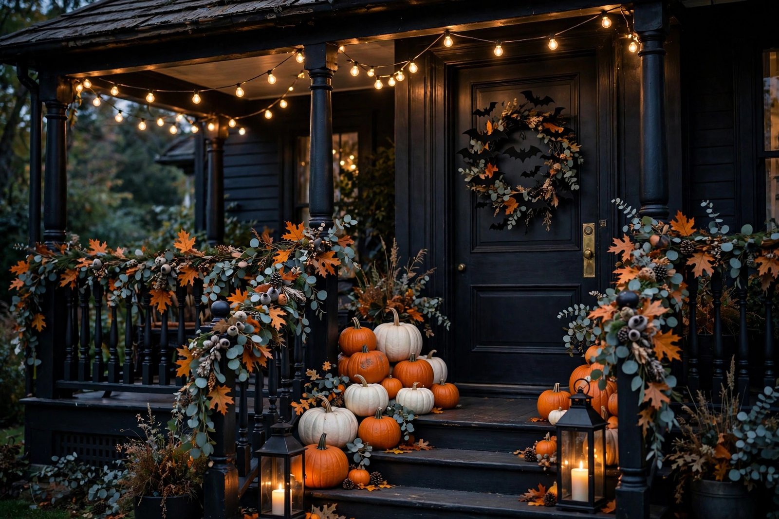 Elegant Halloween porch at dusk with glowing lanterns and pumpkins