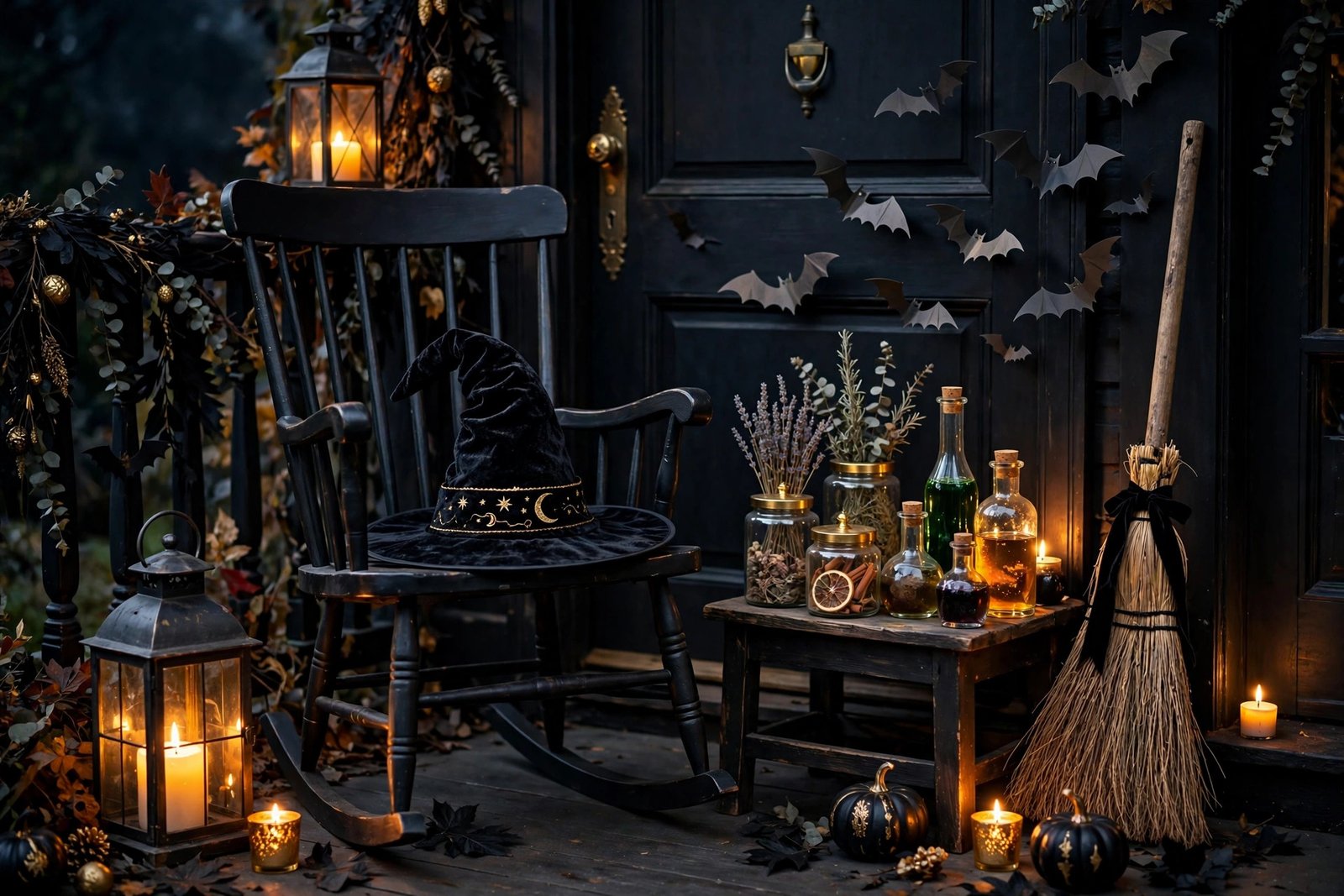 Witchy black-and-gold Halloween porch decor