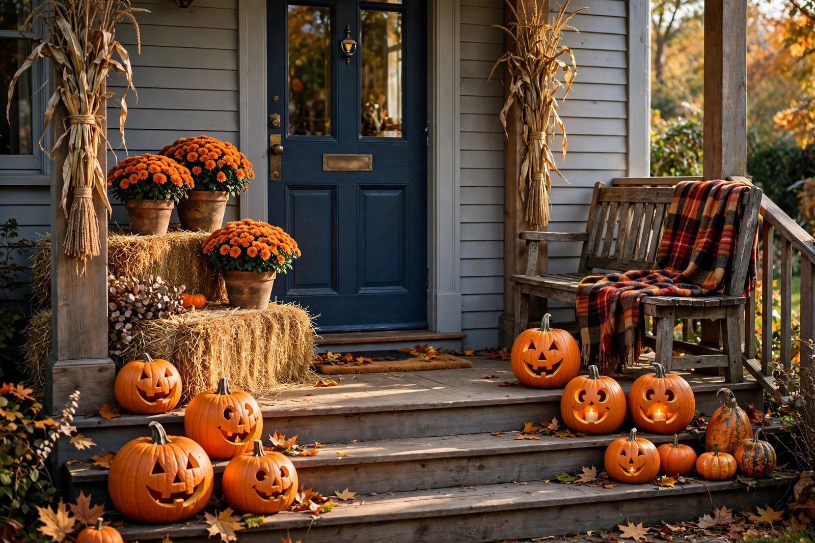 Harvest-style Halloween porch with hay bales, mums, corn stalks and pumpkins