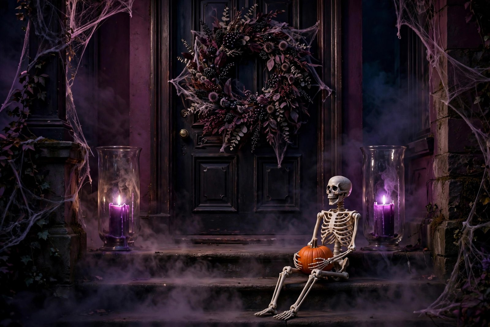 Gothic plum and purple Halloween porch decor