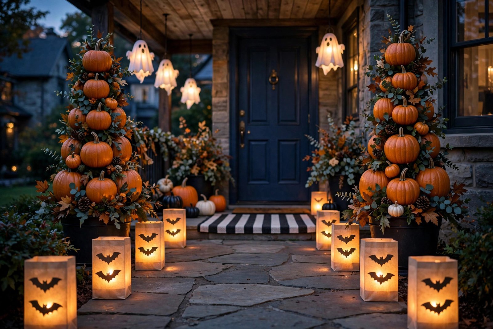 Walkway lined with glowing Halloween luminarias