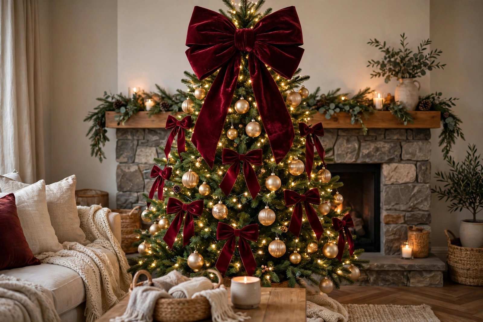 Burgundy velvet bow Christmas decor ideas styled on a decorated tree with champagne ornaments