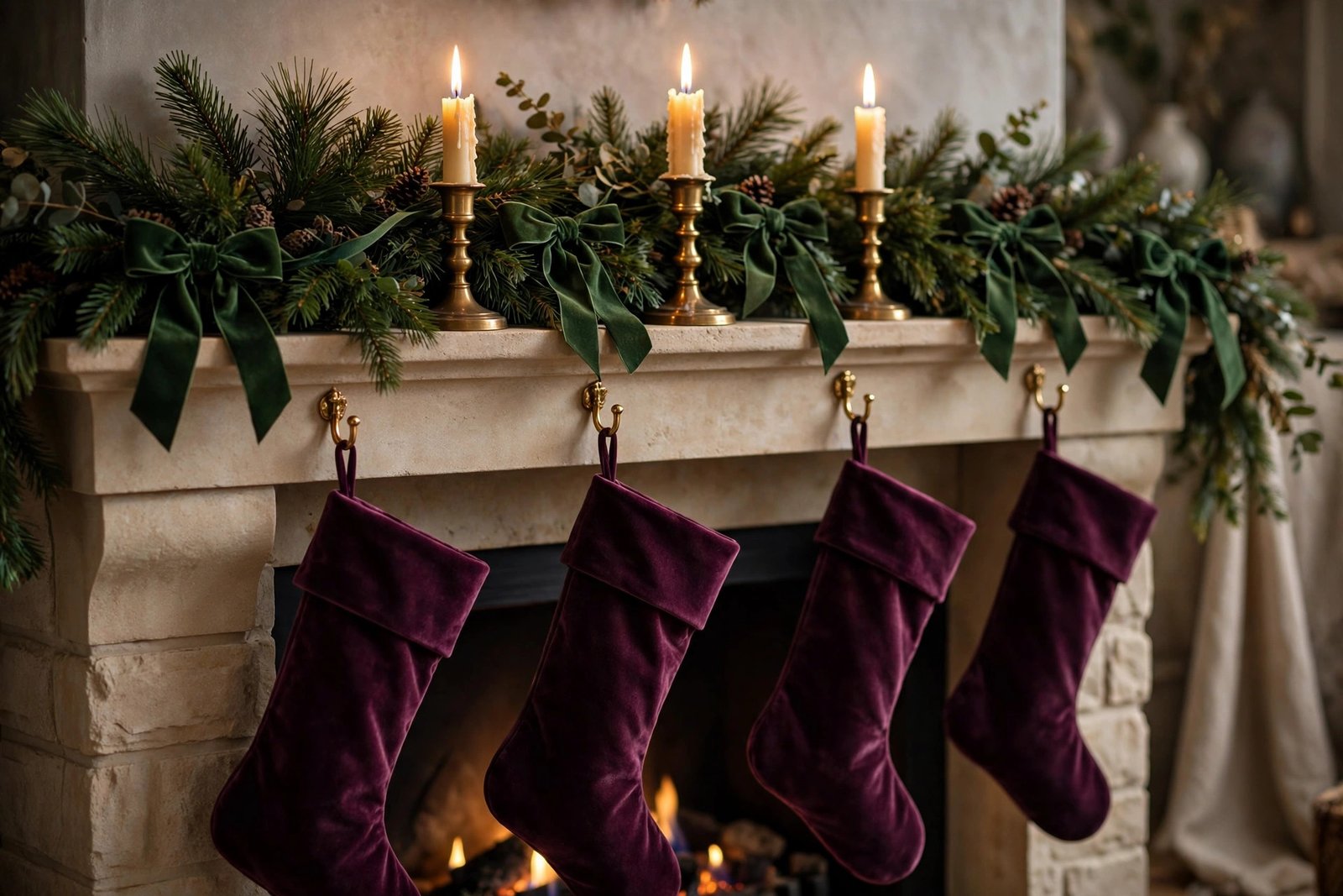 Forest green velvet bow Christmas decor woven into a fireplace mantel garland with brass candlesticks