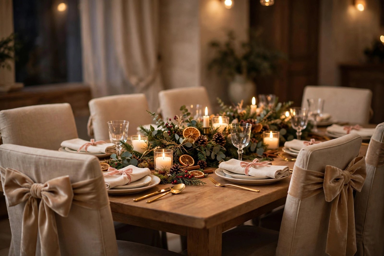Champagne velvet bow Christmas decor tied on dining chair backs and cream napkins