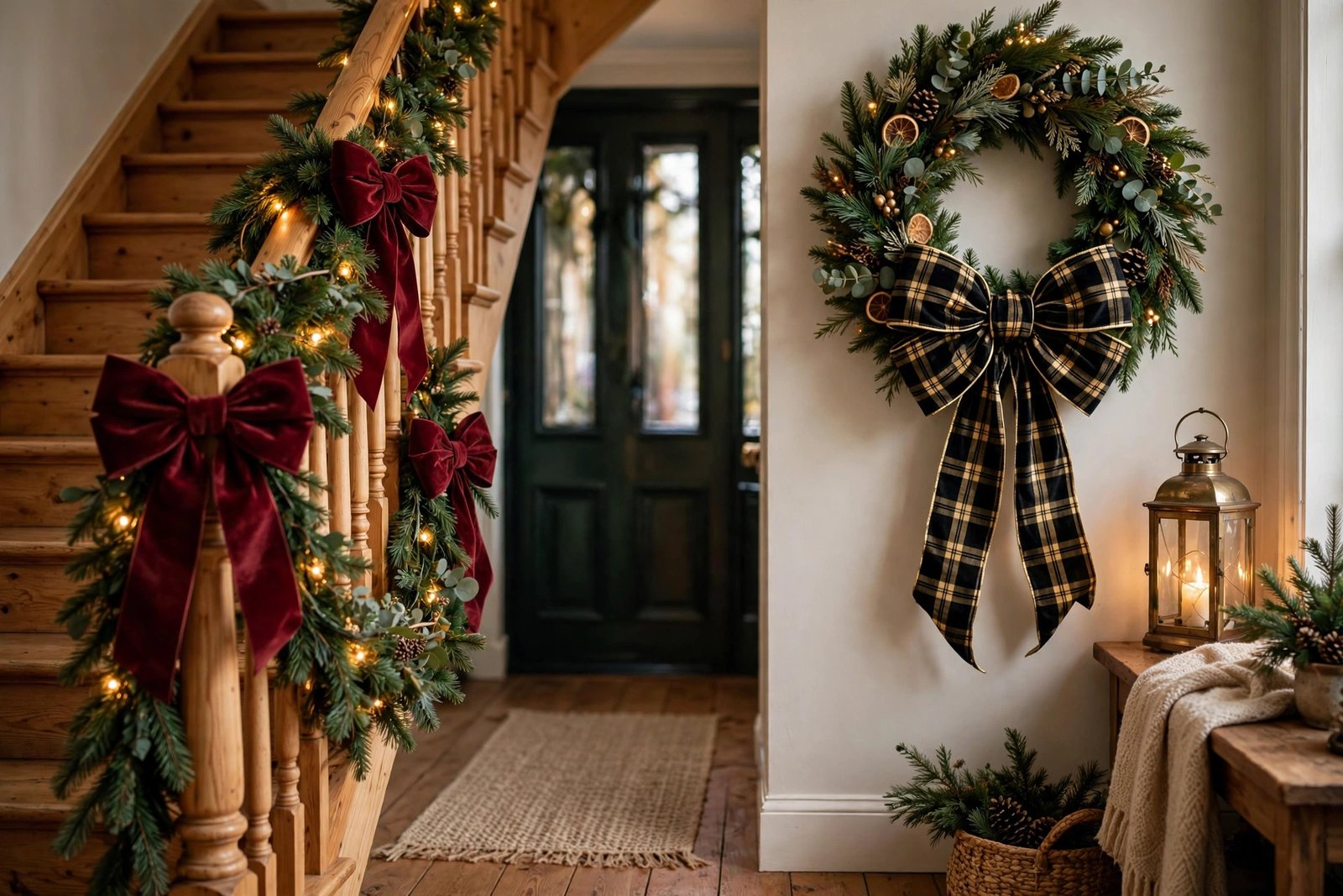 Burgundy velvet bow Christmas decor on a staircase banister garland and plaid wreath
